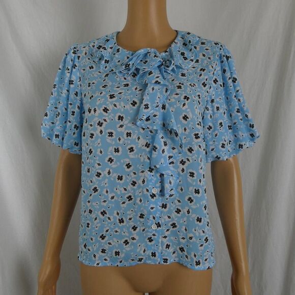 Topshop Floral Button Up Blouse Bubble Sleeve Ruffle Tie Neck Top Blue White - Picture 1 of 10
